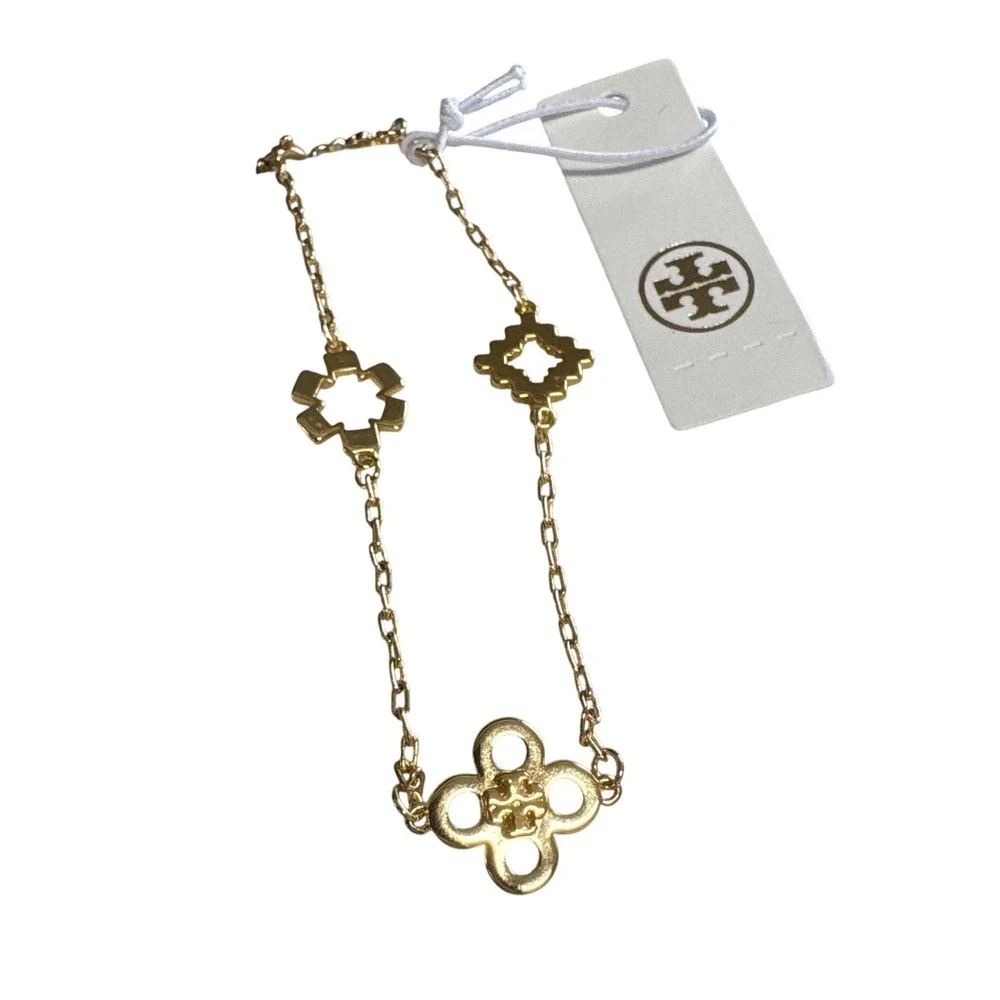 Tory Burch Gold Tone Logo Floral Charm Chain Bracelet Adjustable New With Tags